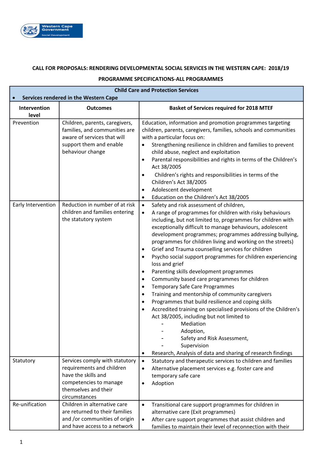 Call for Proposals: Rendering Developmental Social Services in the Western Cape: 2018/19