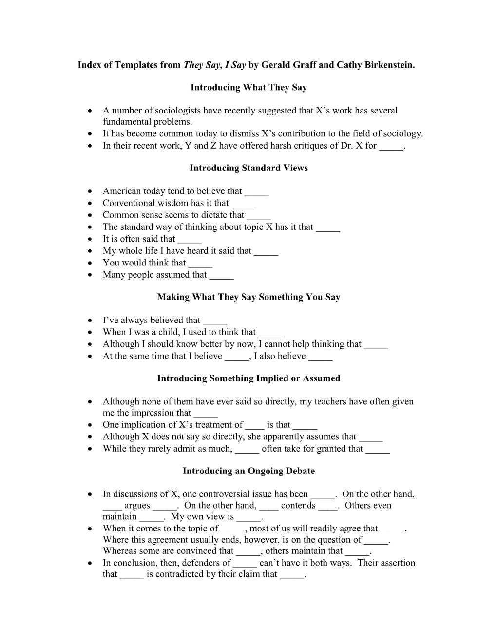 Index of Templates from They Say, I Say by Gerald Graff and Cathy Birkenstein