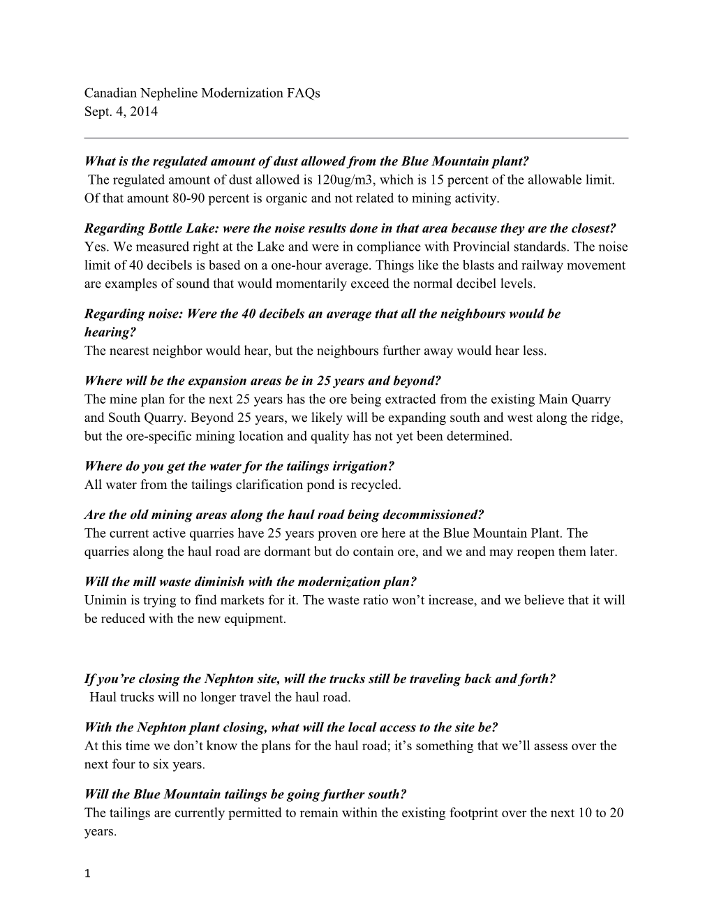 Canadian Nepheline Modernization Faqs Sept. 4, 2014