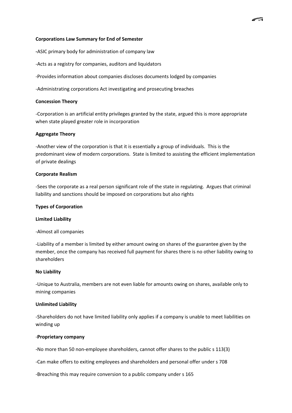 Corporations Law Summary for End of Semester