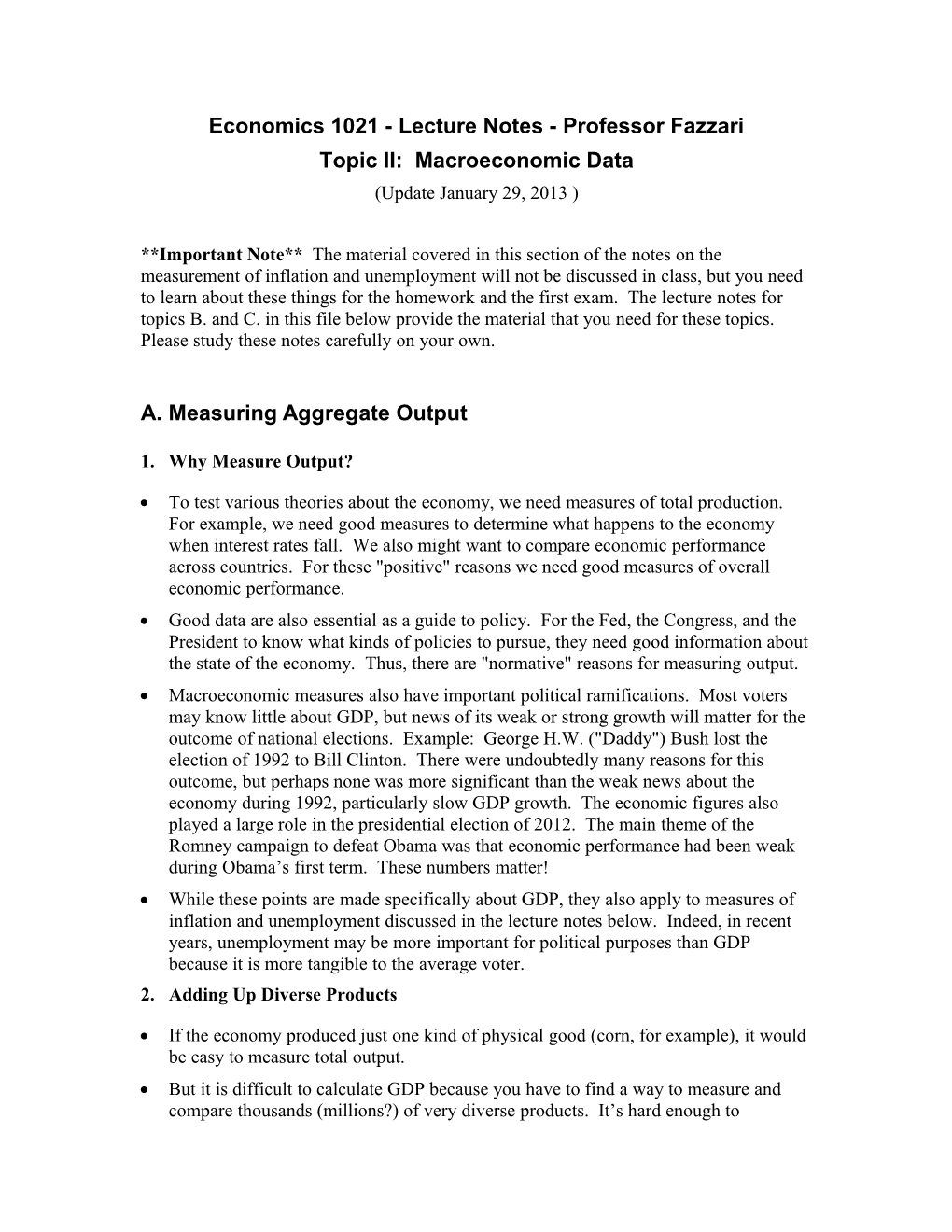 Economics 1021 - Lecture Notes - Professor Fazzari