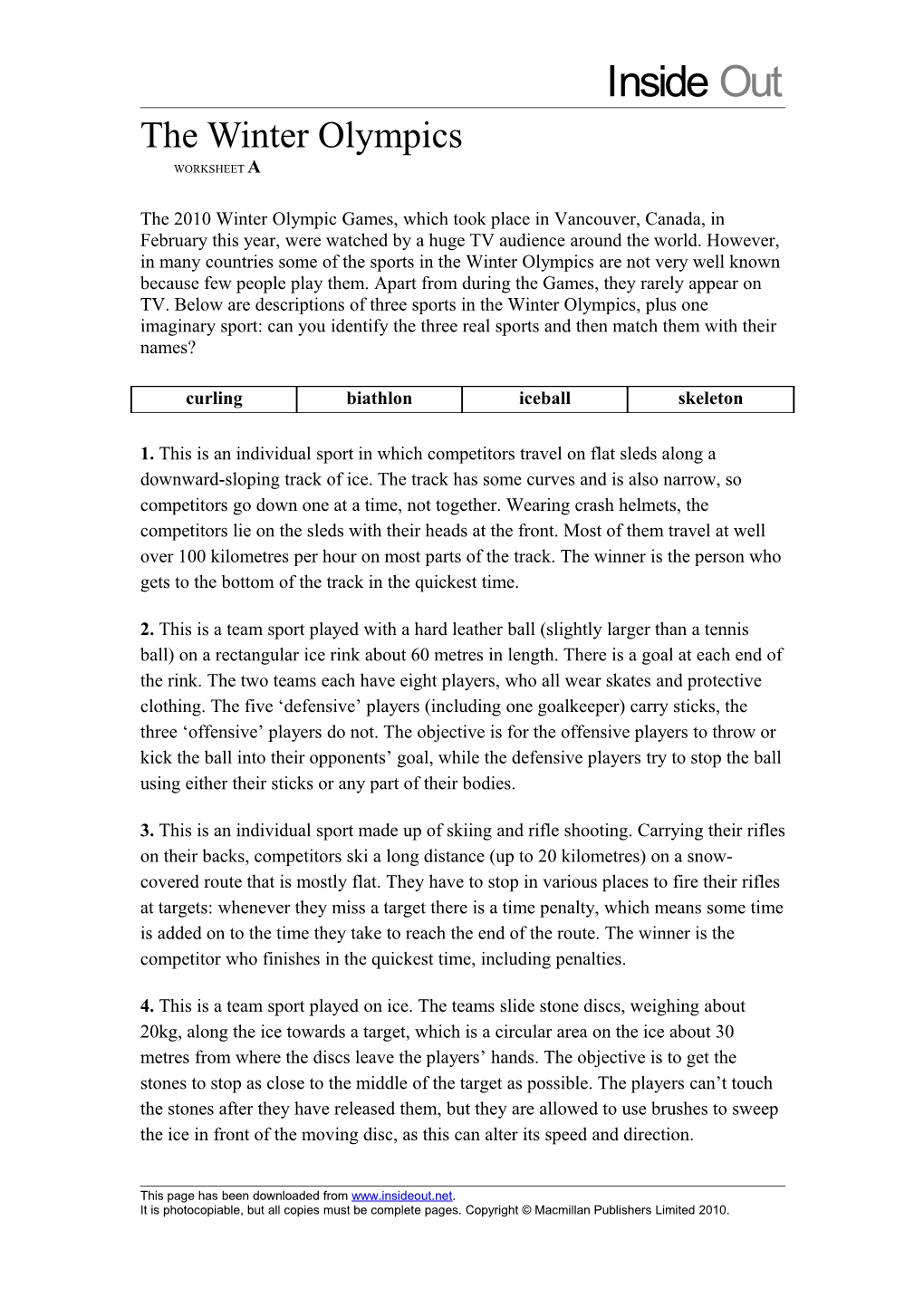 The Winter Olympics WORKSHEET A