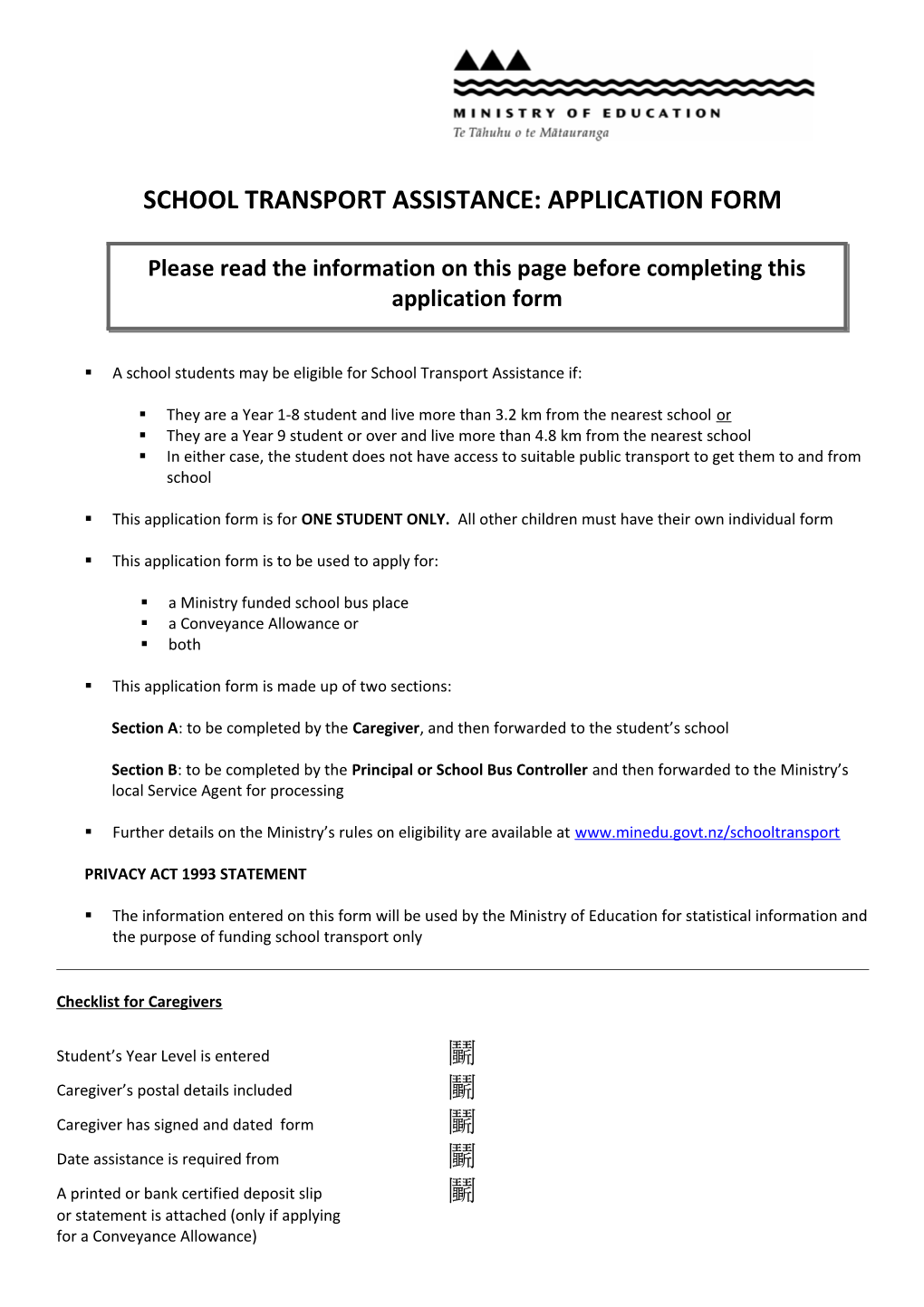 School Transport Assistance: Application Form