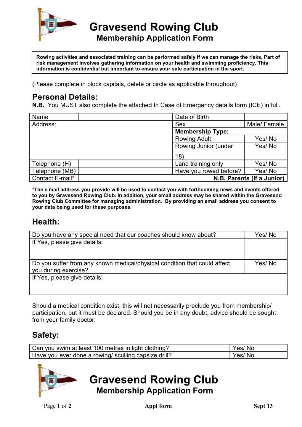 Junior Membership Application Form for Gravesend Rowing Club