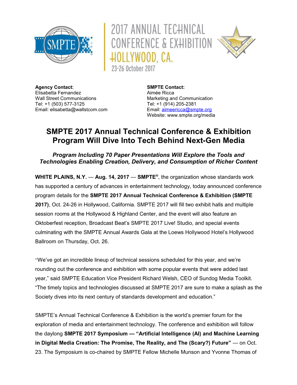 SMPTE Press Release