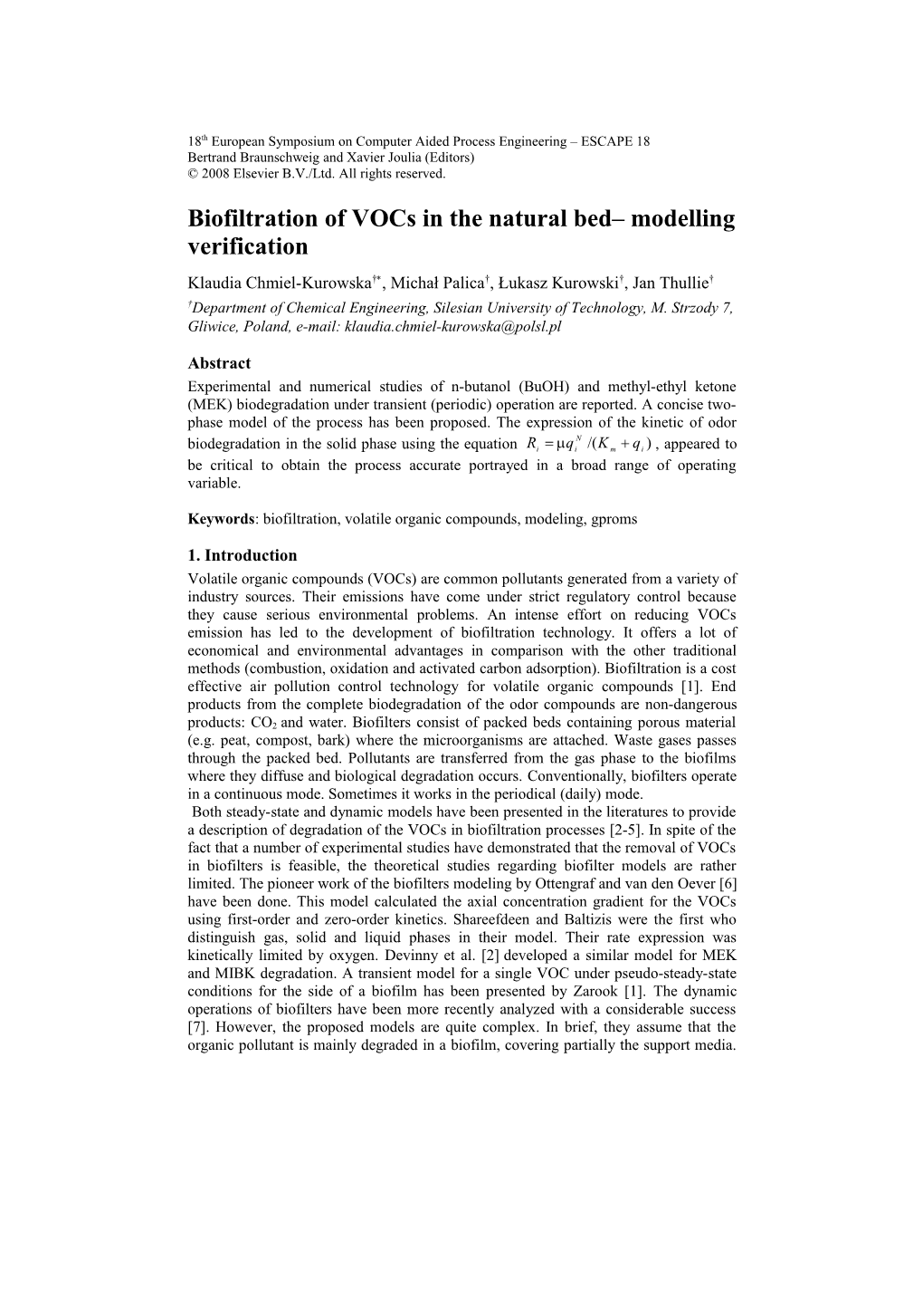 Biofiltration of Vocs in the Natural Bed Modelling Verification 5