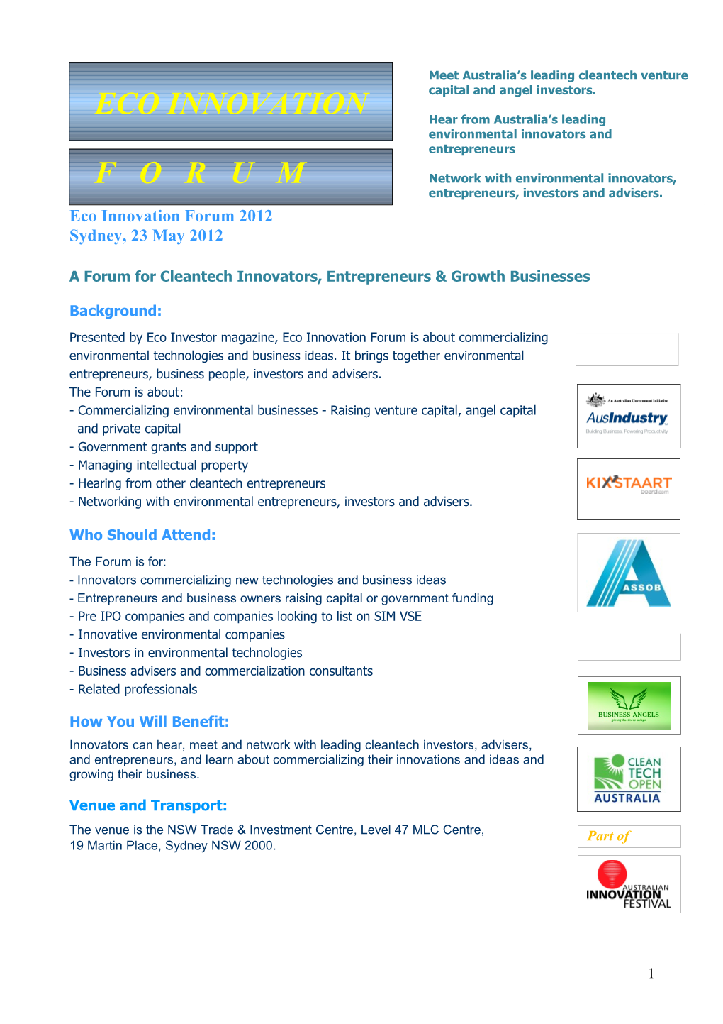 A Forum for Cleantech Innovators, Entrepreneursgrowth Businesses