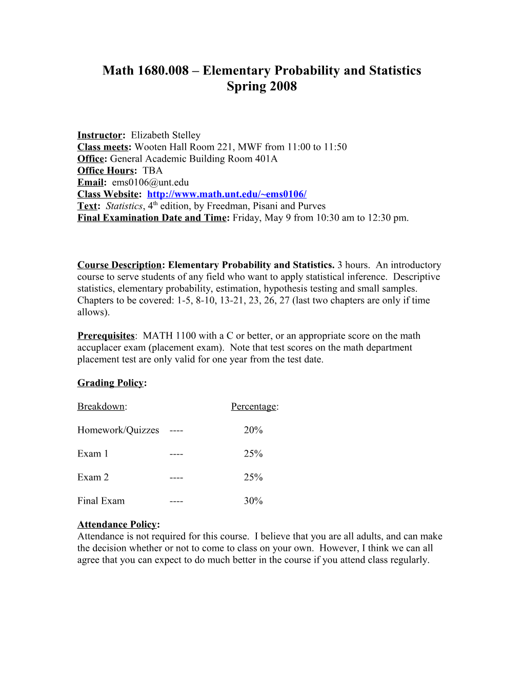 Math 1680.008 Elementary Probability and Statistics