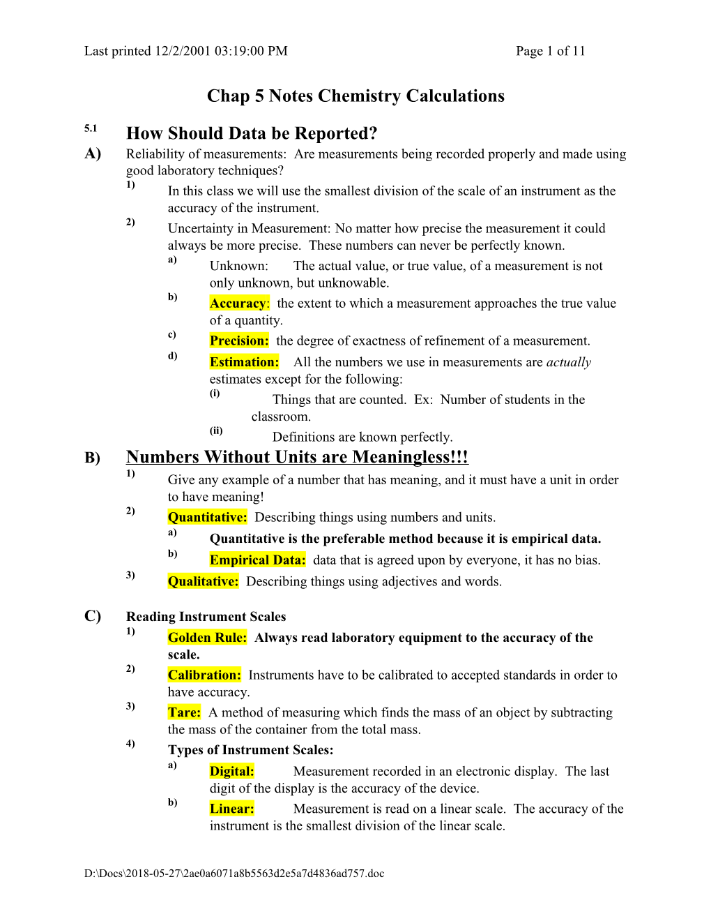 Chap 5 Notes Chemistry Calculations