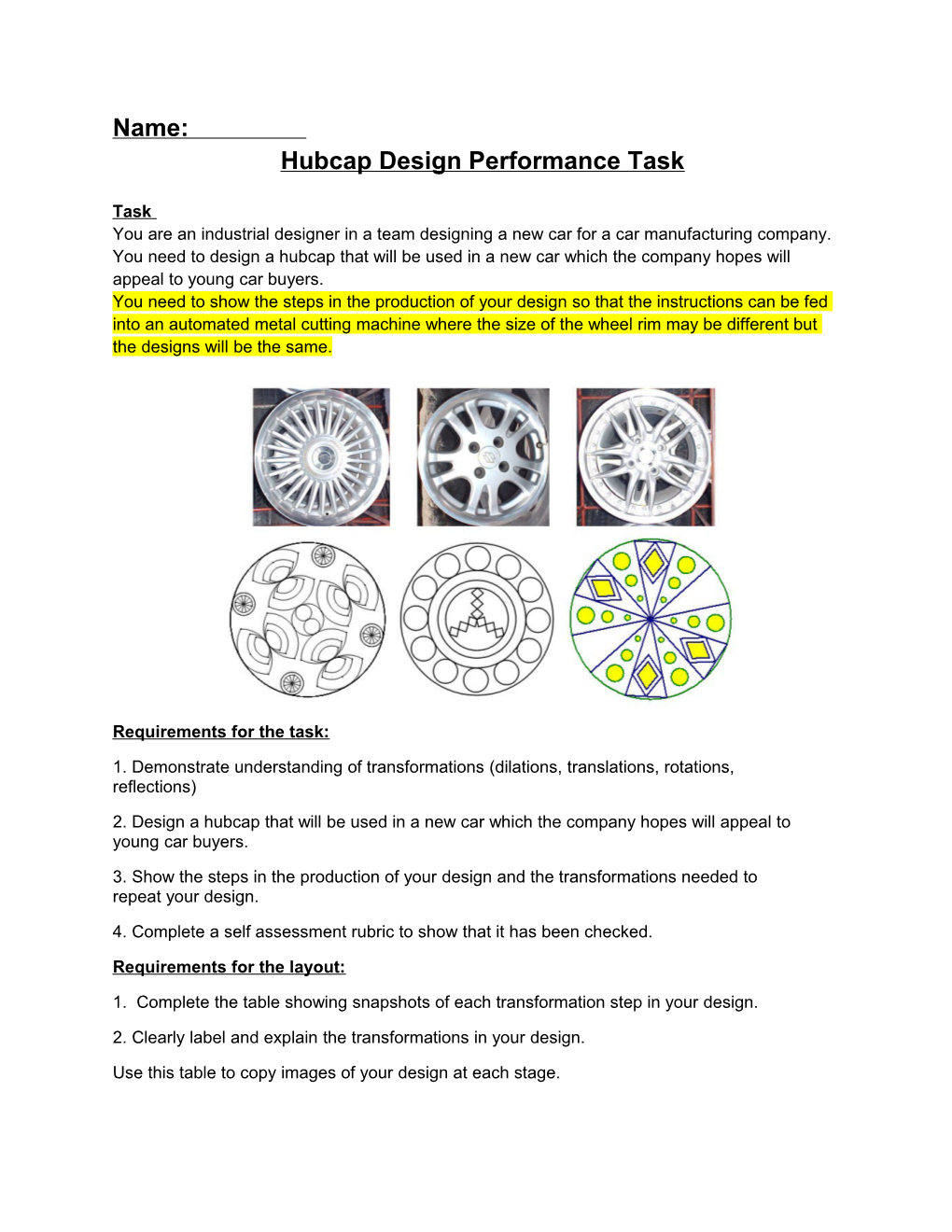 Hubcap Design Performance Task
