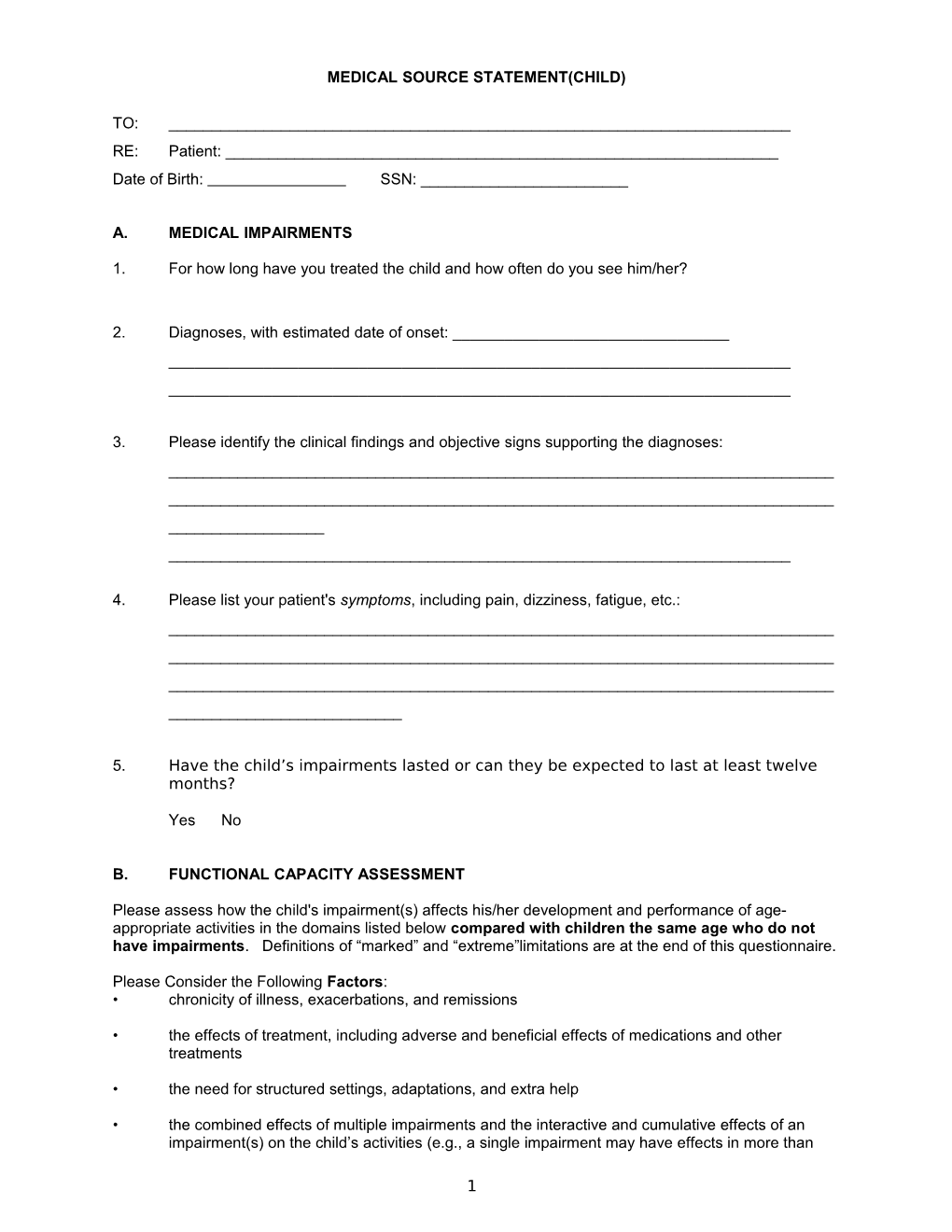 Medical and Functional Capacity Assessment (Child)