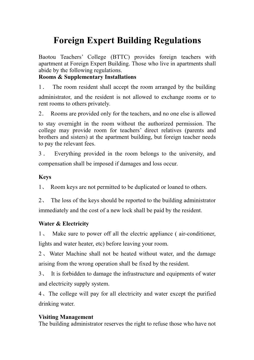 International Students Dormitory Regulations