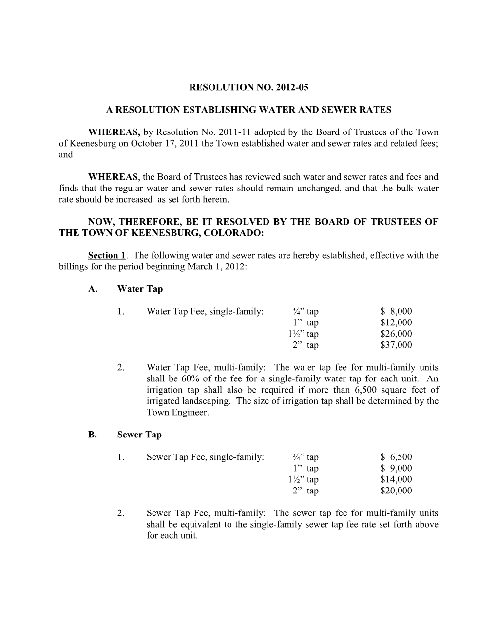 A Resolution Establishing Water and Sewer Rates