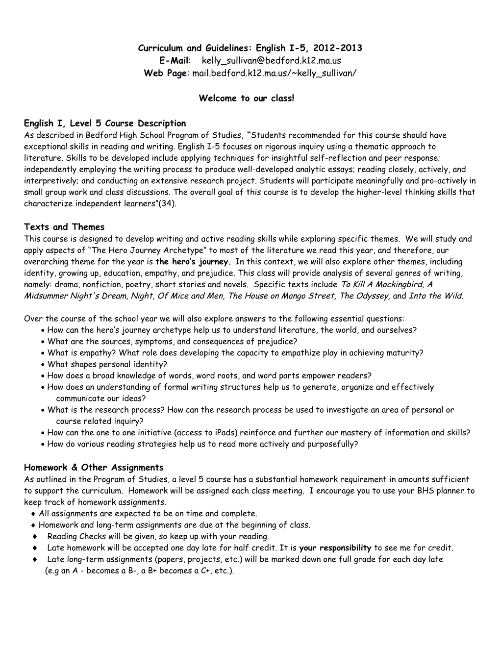 Curriculum and Guidelines: English I-5, 2012-2013