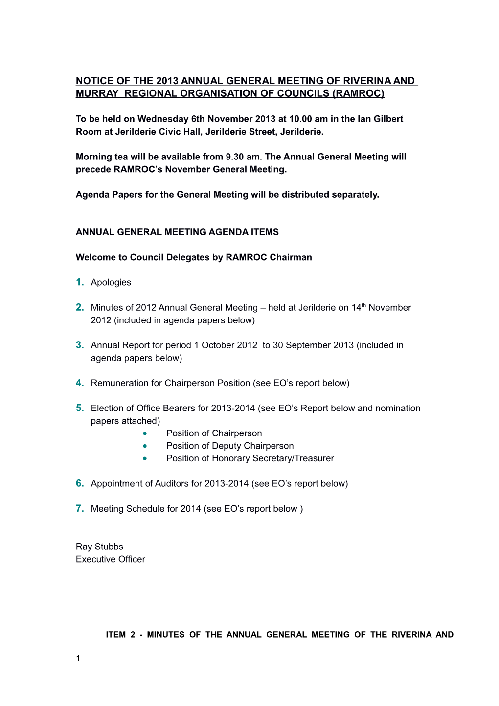 Notice of the 2013 Annual General Meeting of Riverina and Murray Regional Organisation