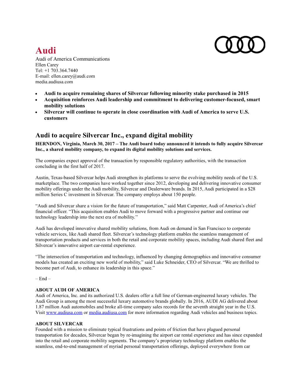 Audi to Acquire Silvercar Inc., Expand Digital Mobility Technology and Service Offerings