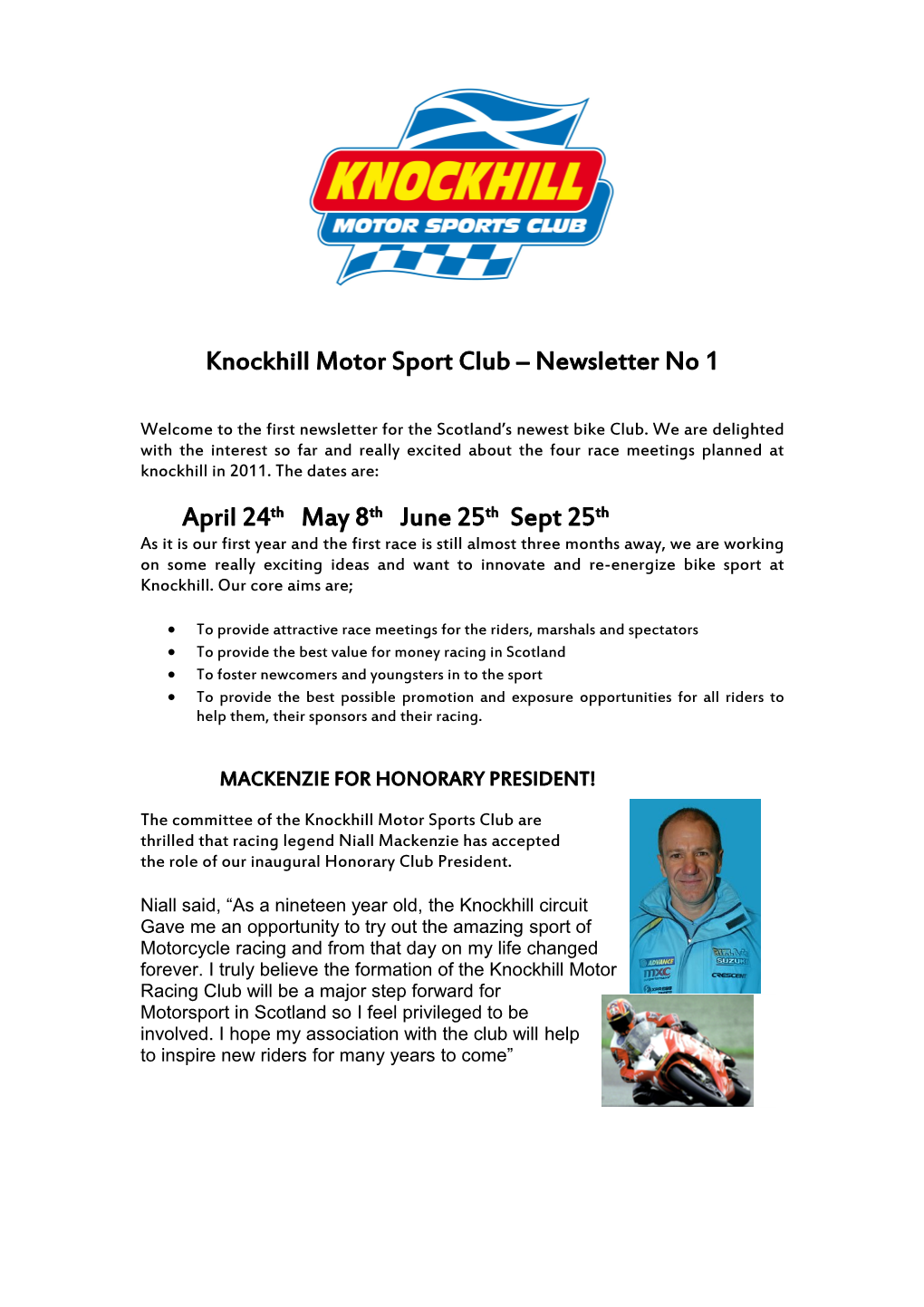 Knockhill Motor Sport Club Newsletter No 1