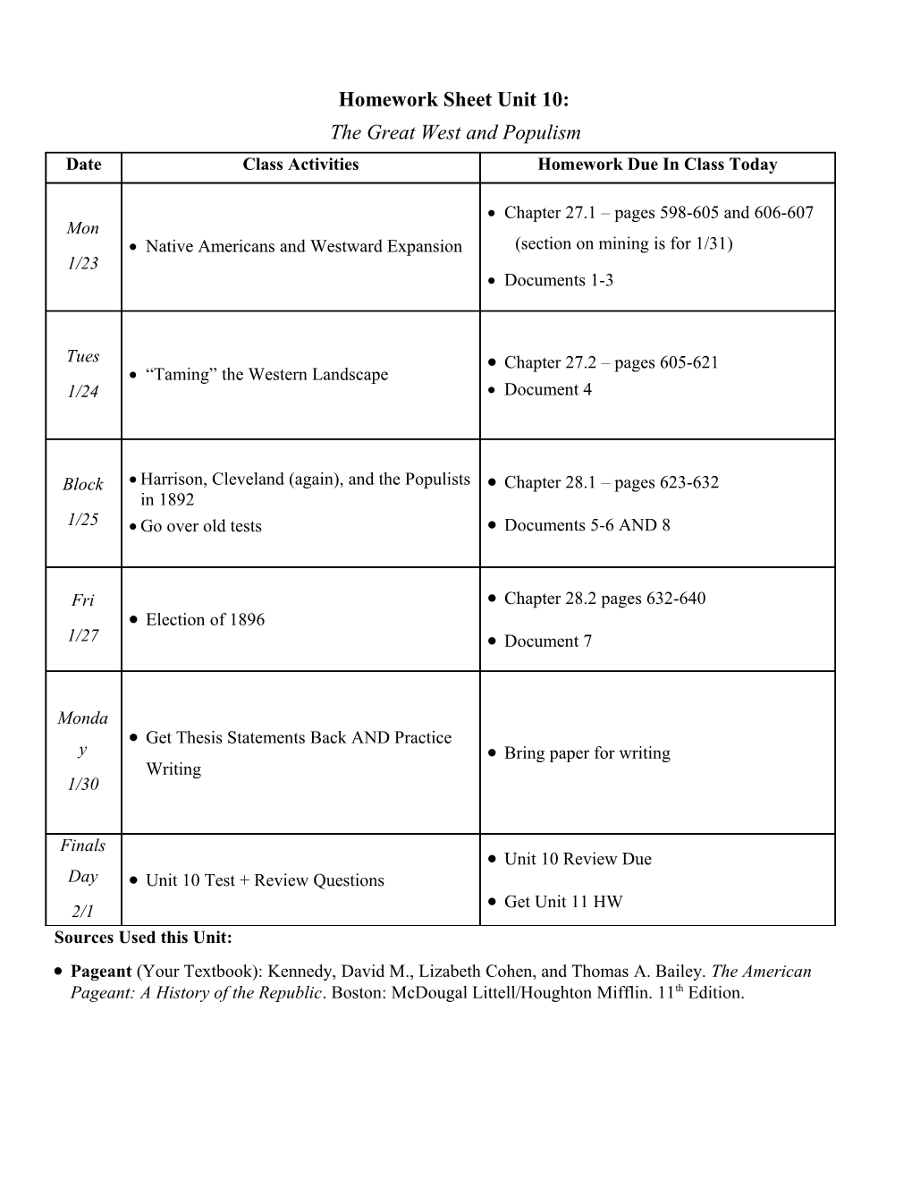 Homework Sheet Unit 10 s1