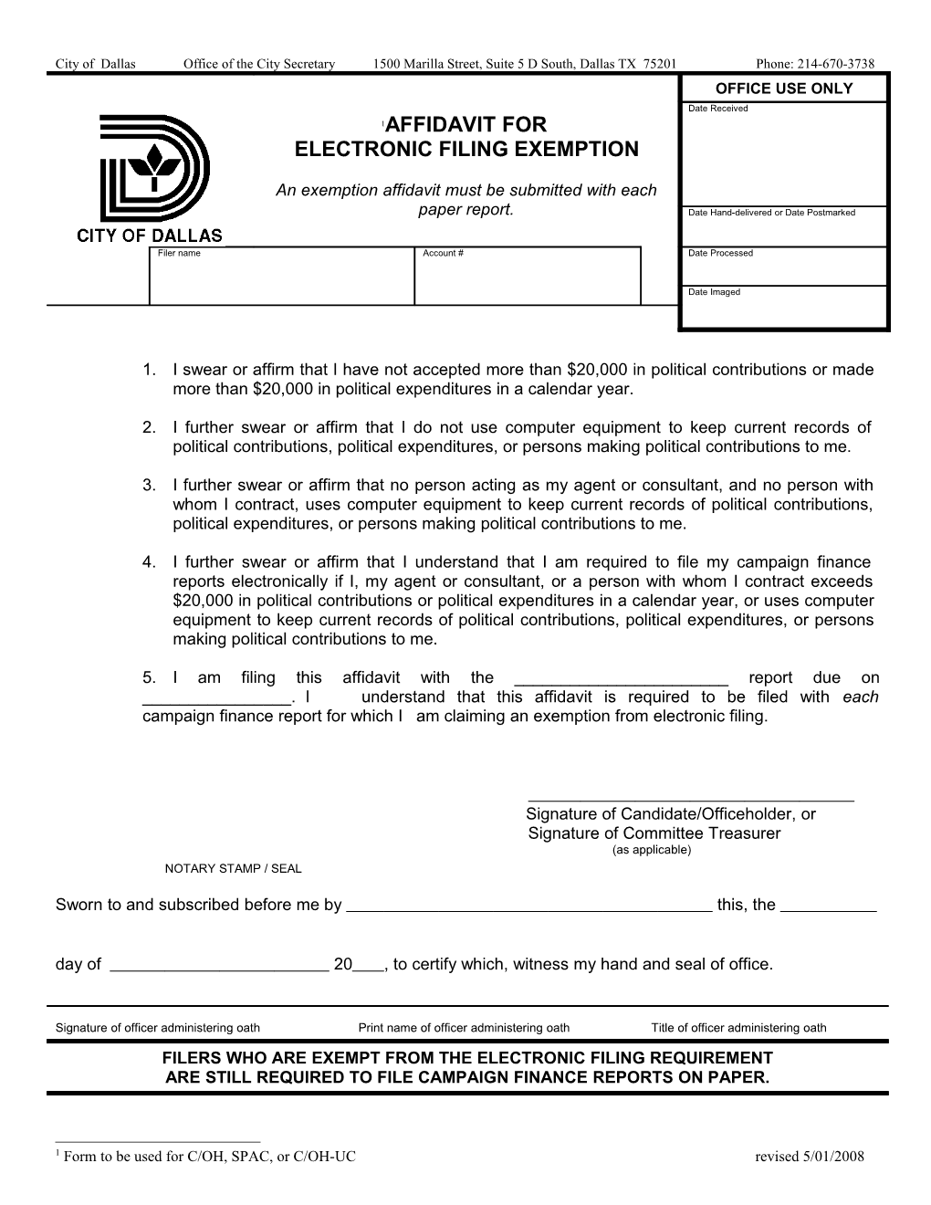 1 Form to Be Used for C/OH, SPAC, Or C/OH-UC Revised 5/01/2008