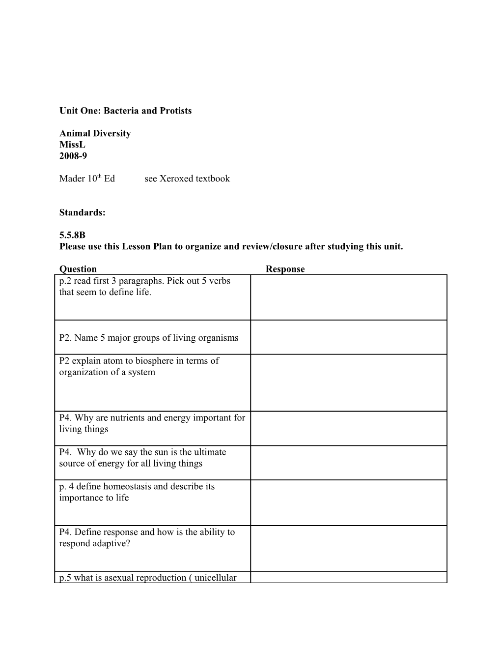 Unit One: Bacteria and Protists