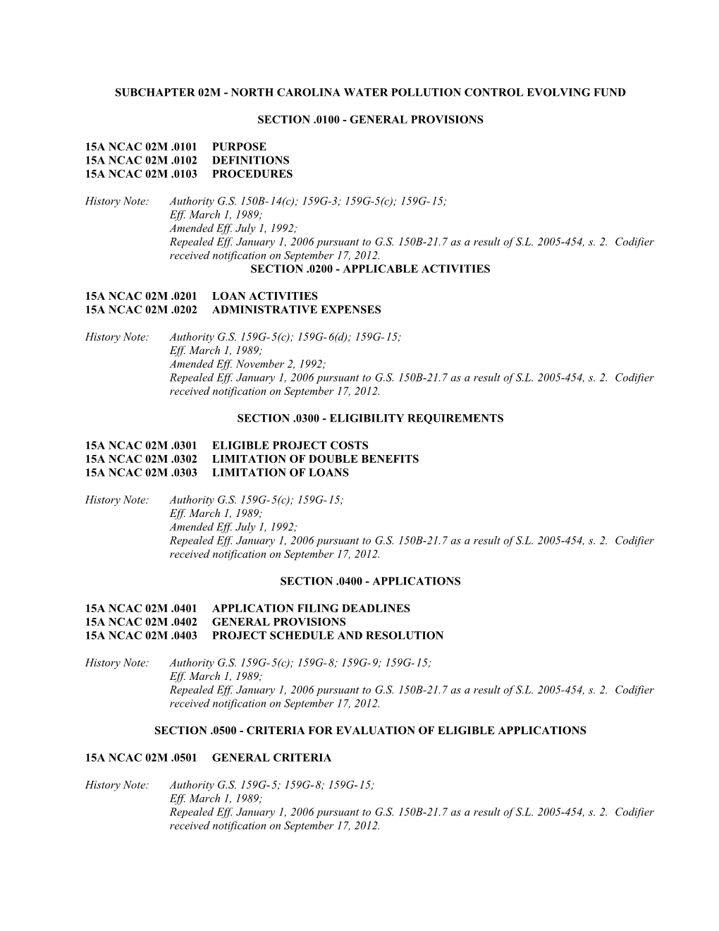 Subchapter 02M North Carolina Water Pollution Control Evolving Fund