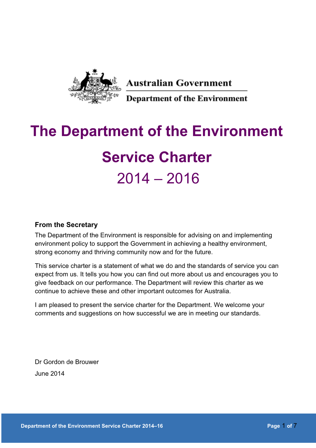 The Department of the Environment Service Charter 2014-2016