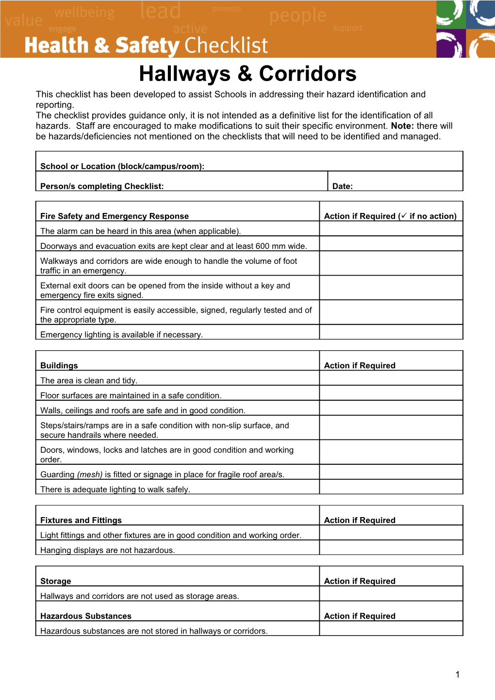 Safety Inspection Checklist - Hallways and Corridors