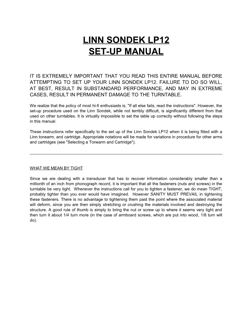 Linn Sondek Lp12 Set-Up Manual