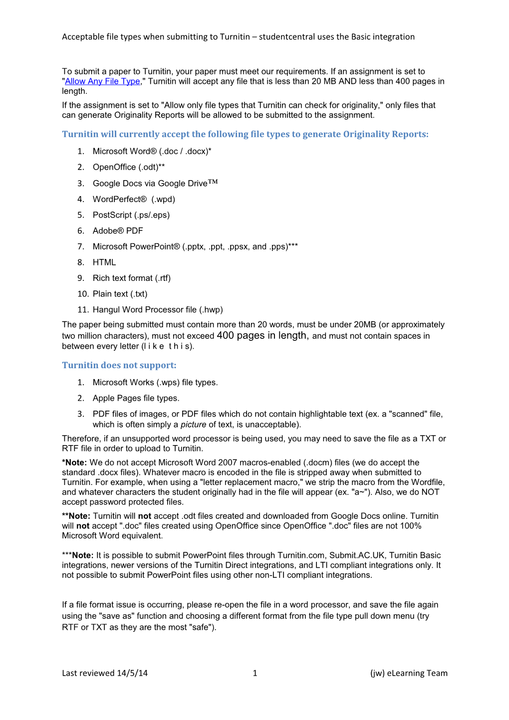 Acceptable File Types When Submitting to Turnitin Studentcentral Uses the Basic Integration