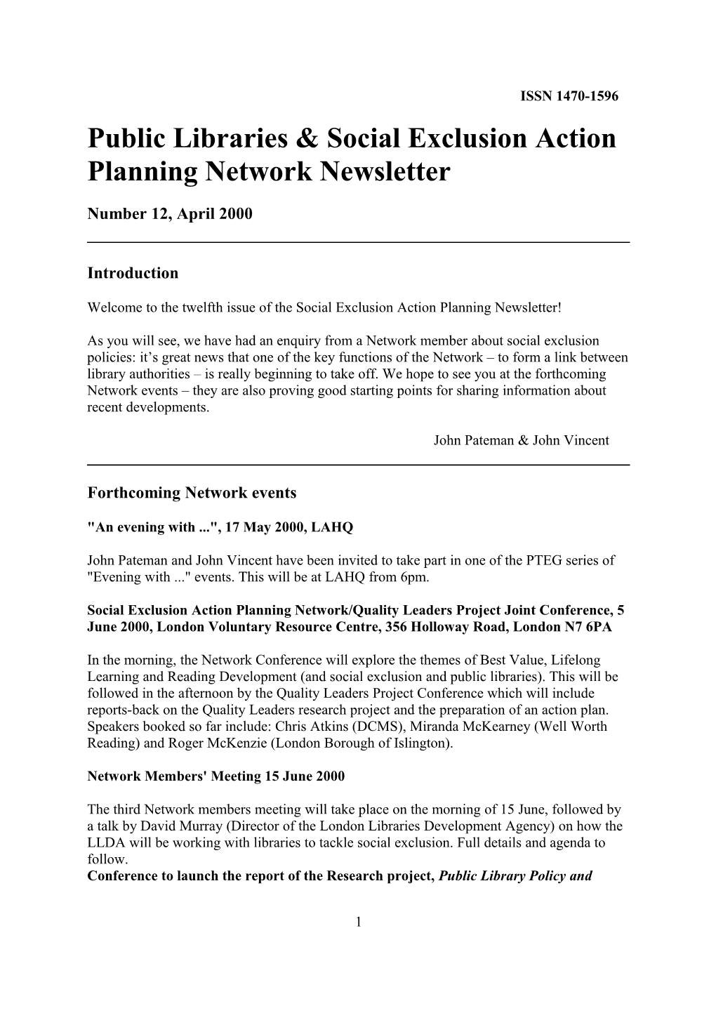 Public Libraries & Social Exclusion Action Planning Network Newsletter