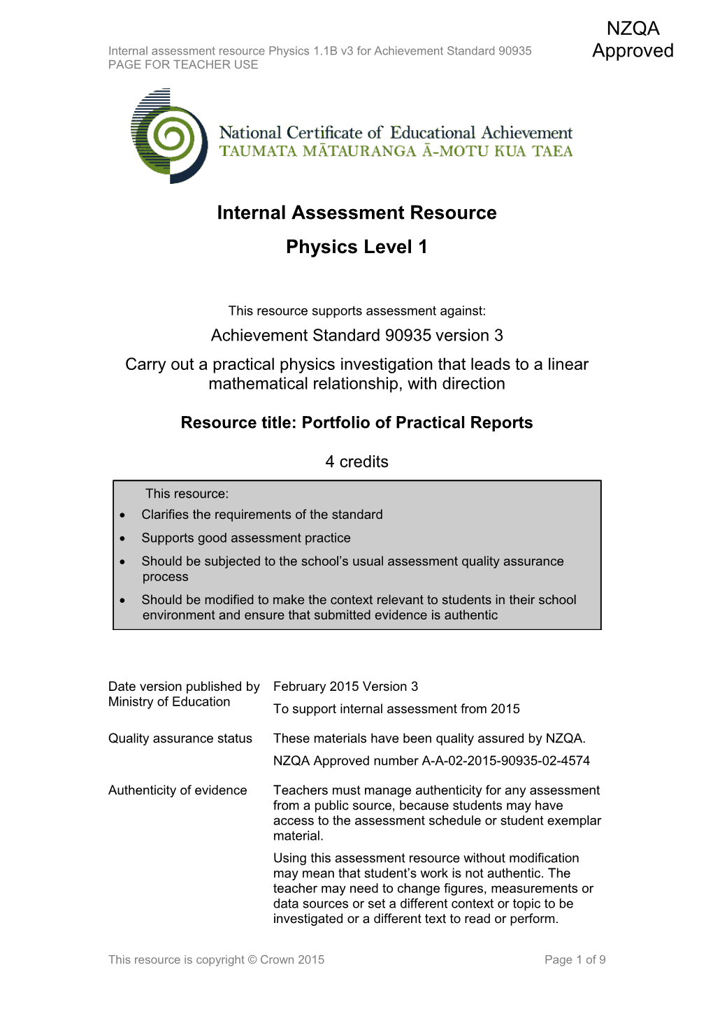 Level 1 Physics Internal Assessment Resource
