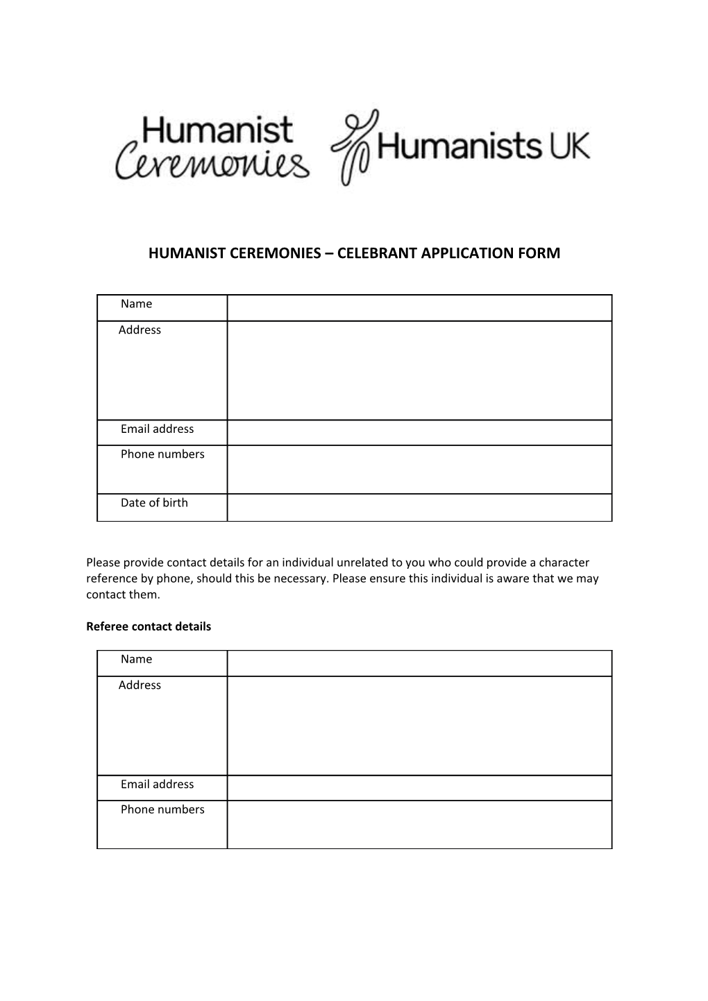 Humanist Ceremonies Celebrant Application Form