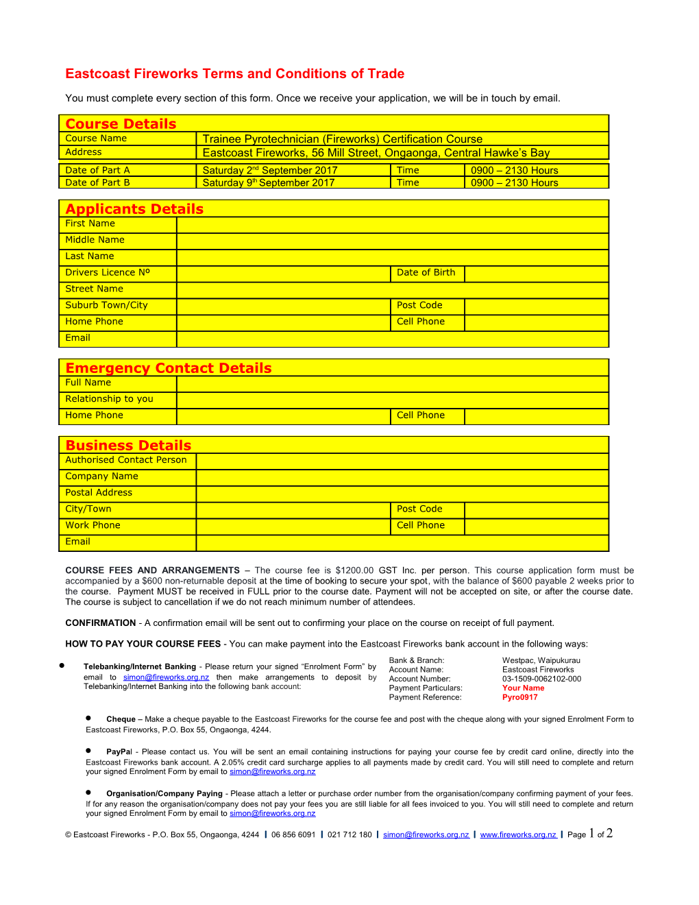 Trainee Pyrotechnician (Fireworks) Course Application Form 13 July 2017