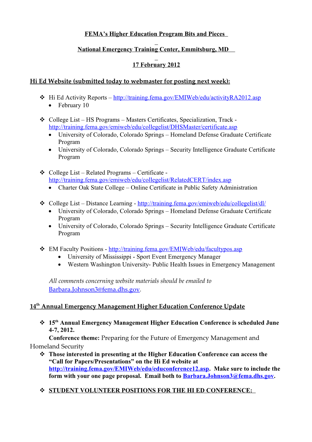 FEMA S Higher Education Program Bits and Pieces s14