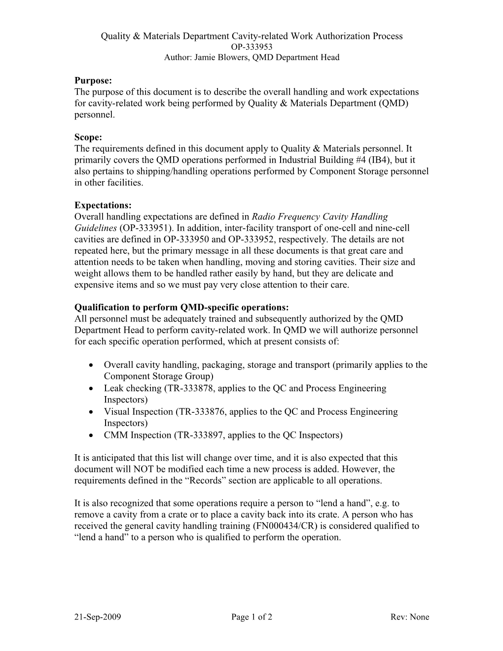 Quality & Materials Department Cavity-Related Work Authorization Process