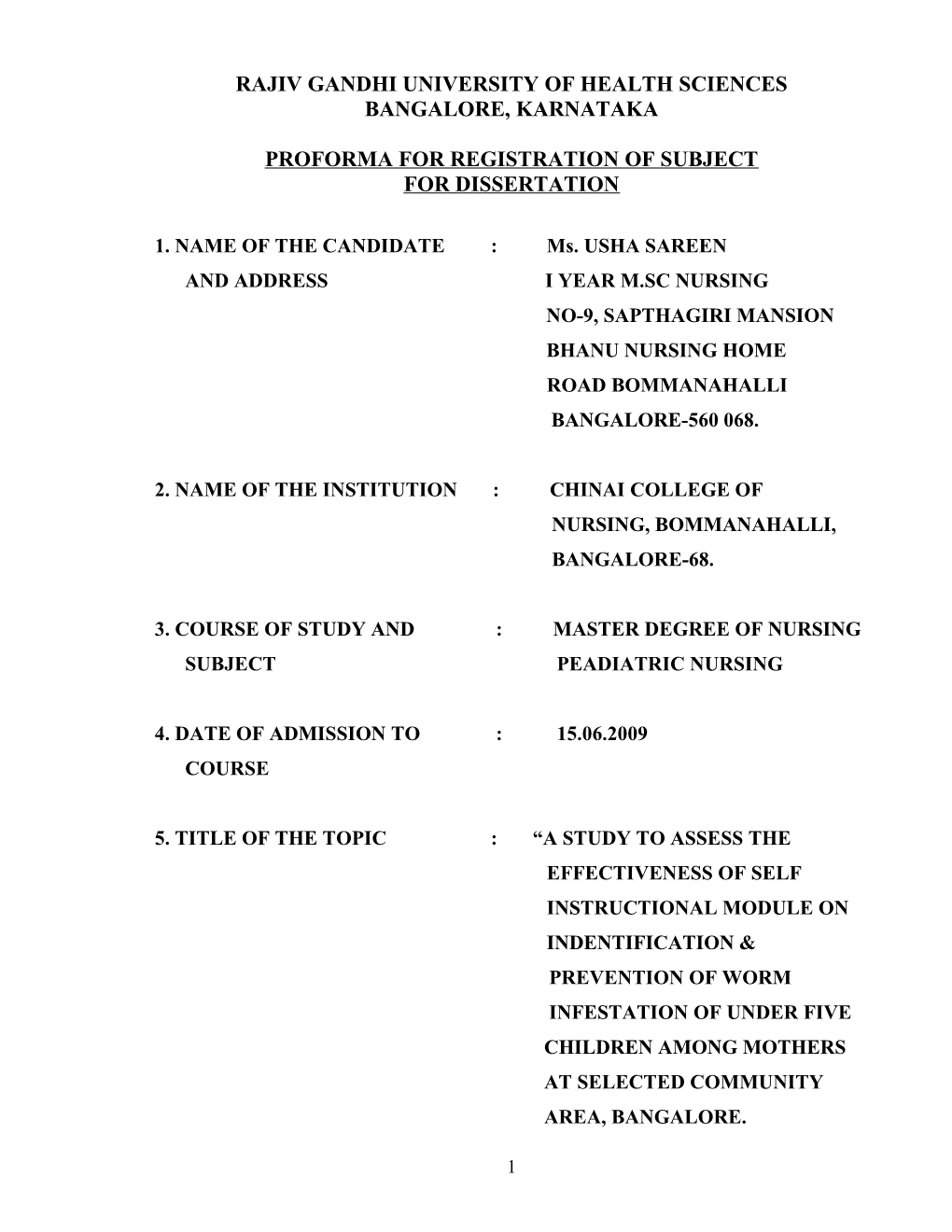 Performa for Registration of Subjects for Dissertation