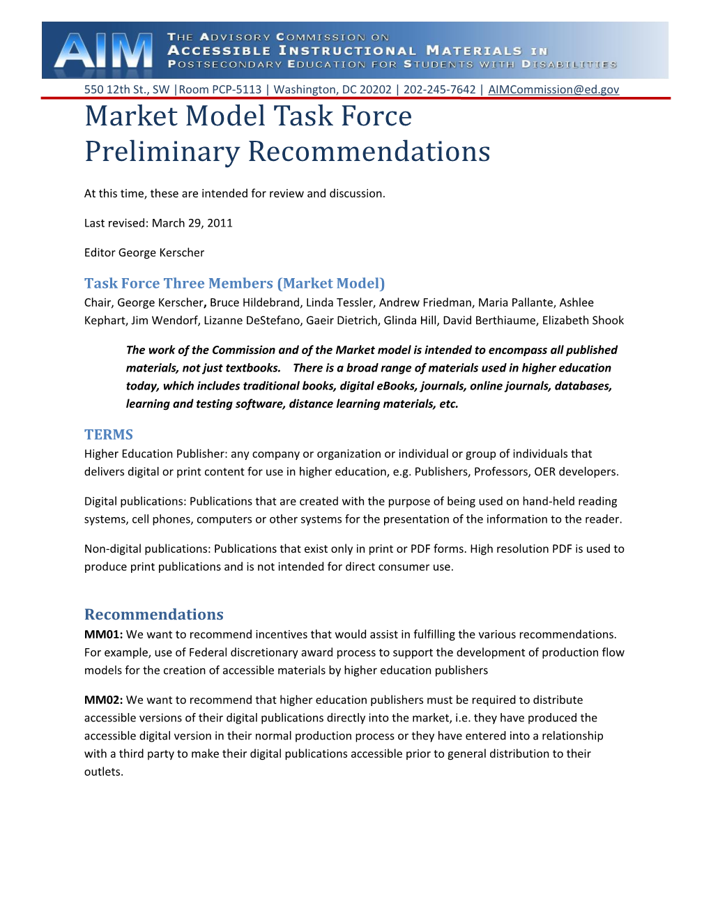 Market Model Task Force Preliminary Recommendations (MS Word)