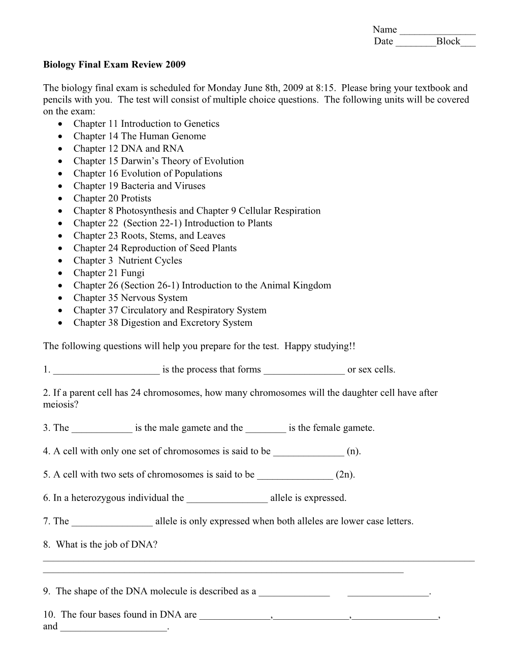 Biology Final Exam Review 2009