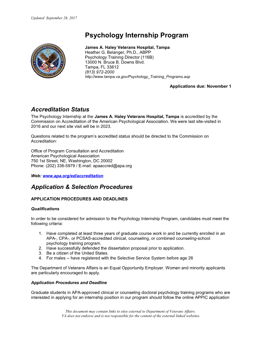 James A. Haley Veterans Hospital, Tampa Psychology Internship- U.S. Department of Veterans