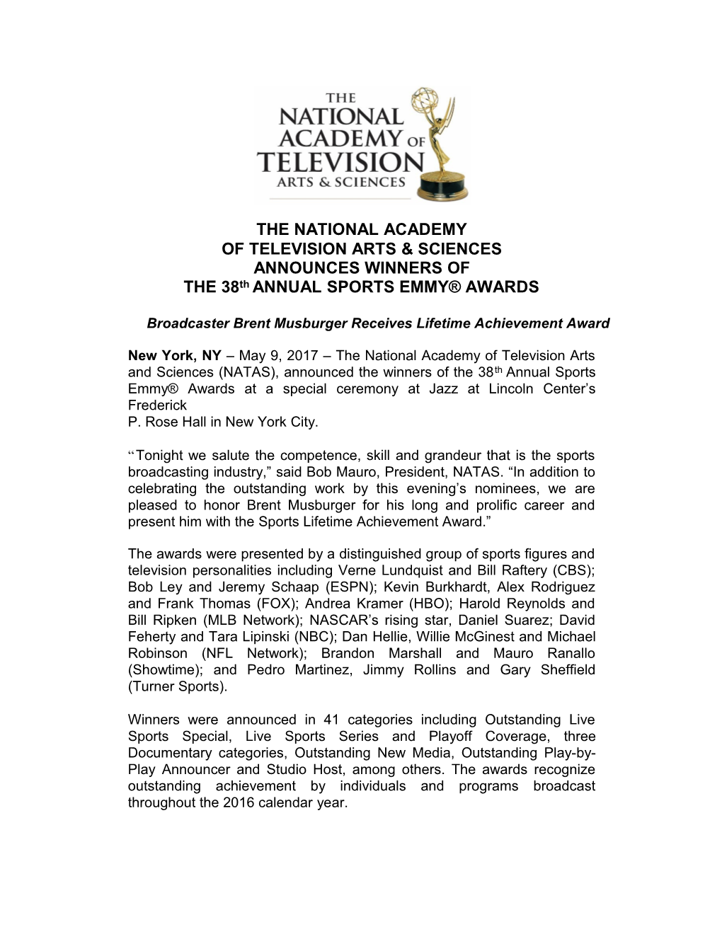 38Th Annual Emmy Awards Winners Press Release