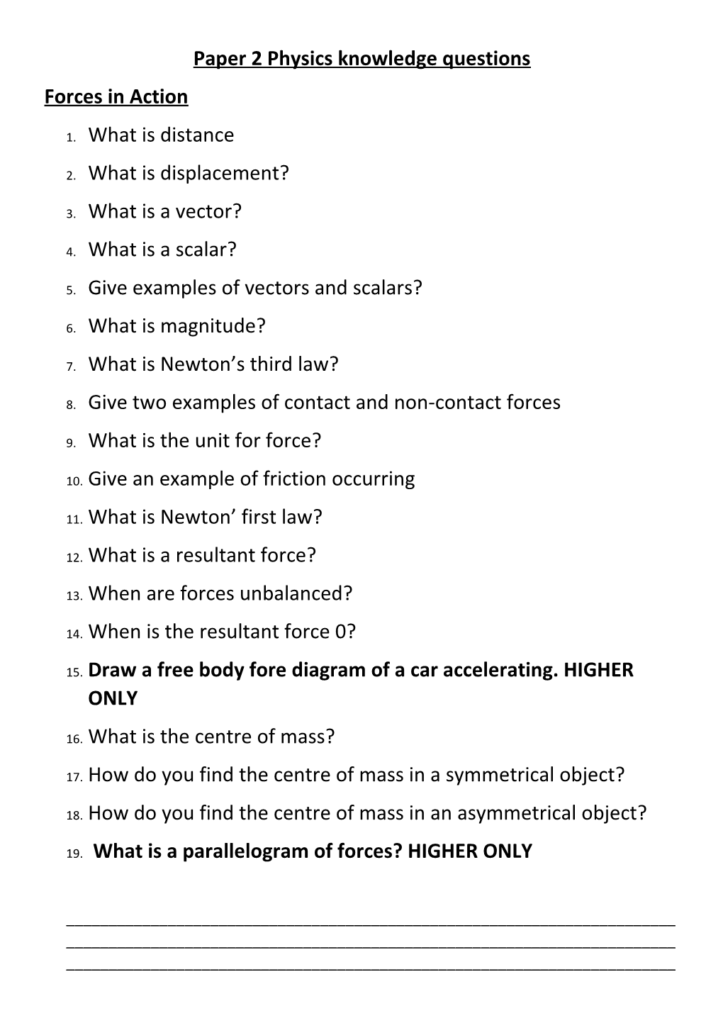 Paper 2 Physics Knowledge Questions