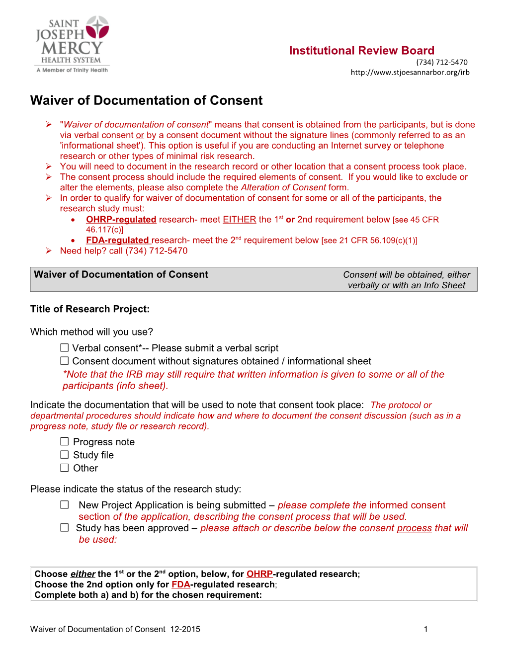 Waiver of Documentation of Consent