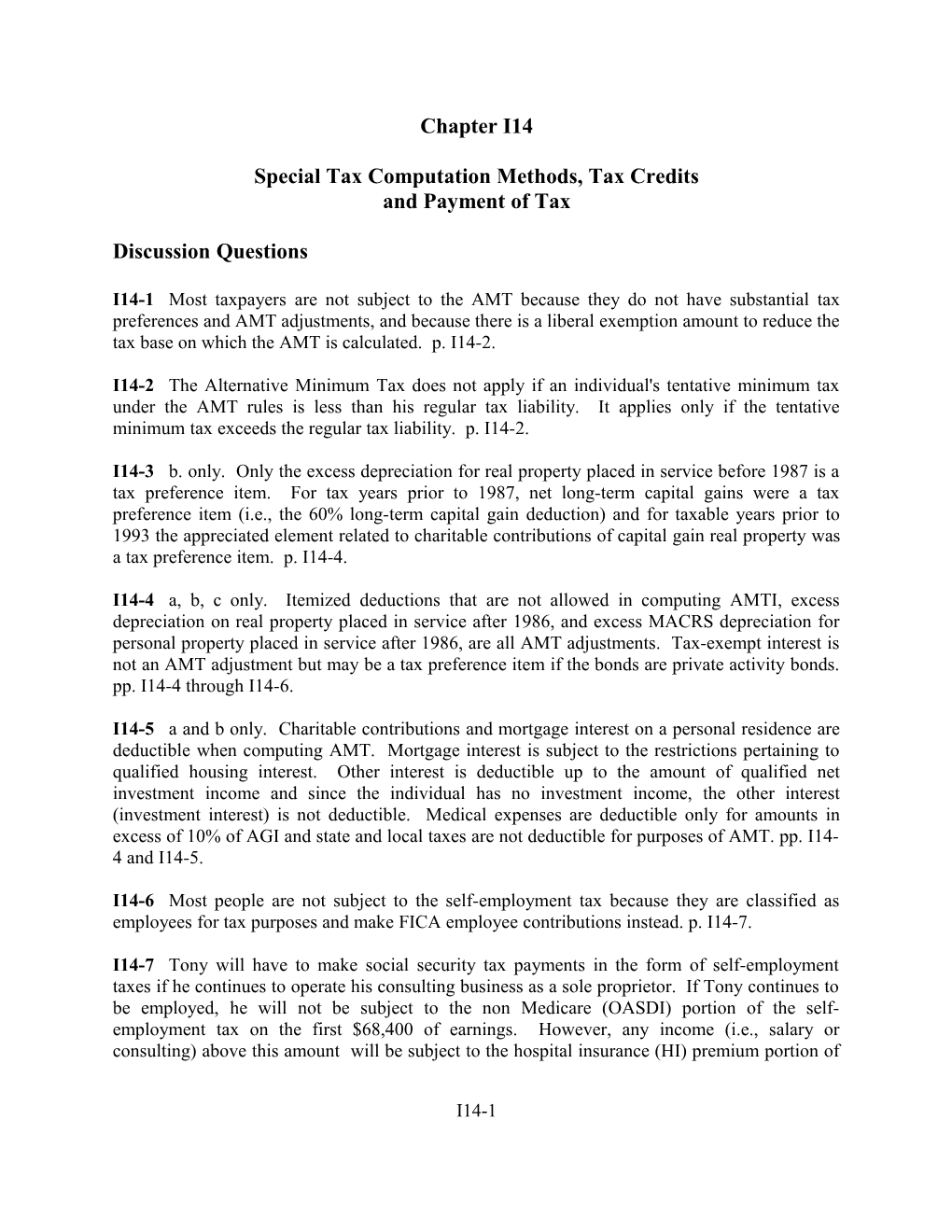 Special Tax Computation Methods, Tax Credits