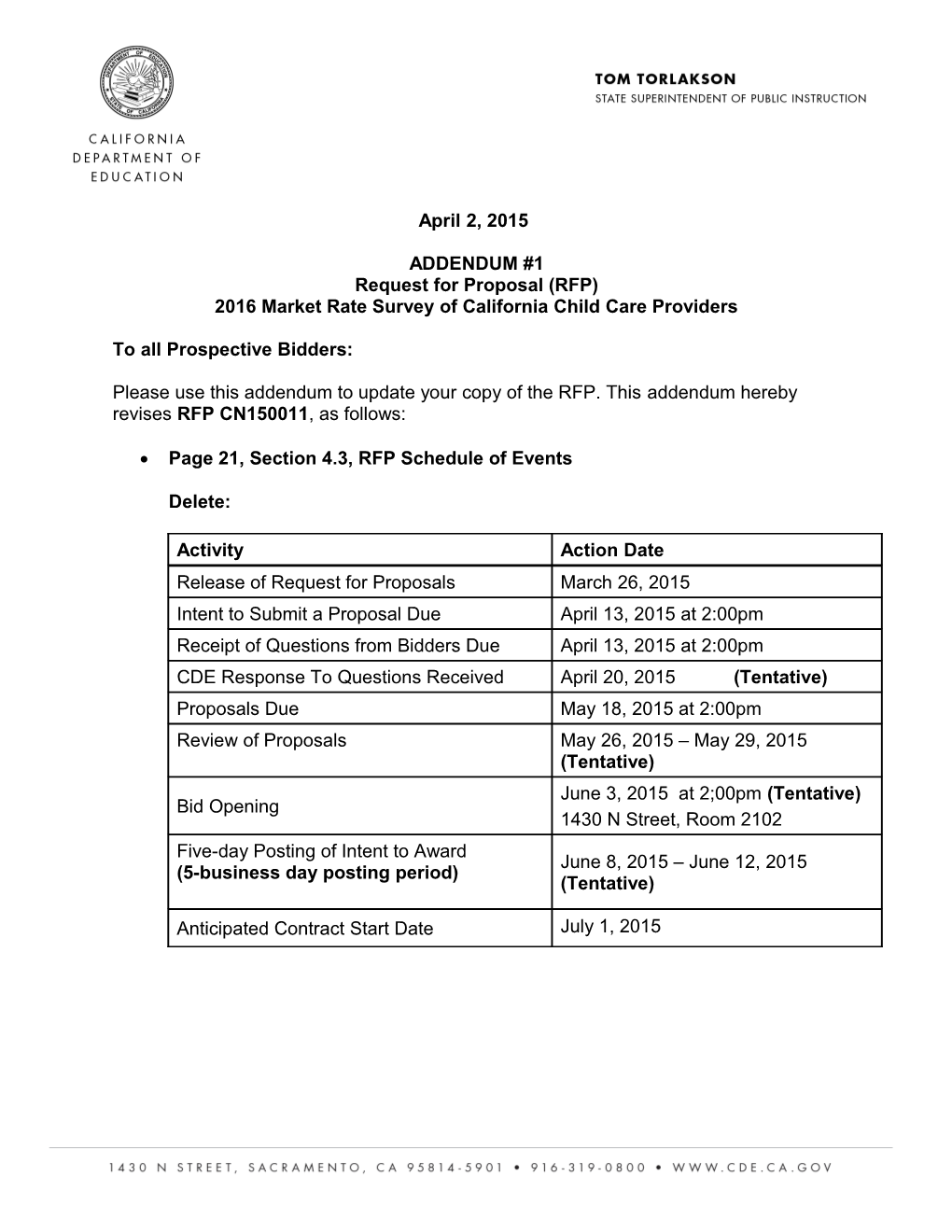 RMR Addendum #1 RFP (CA Dept of Education)