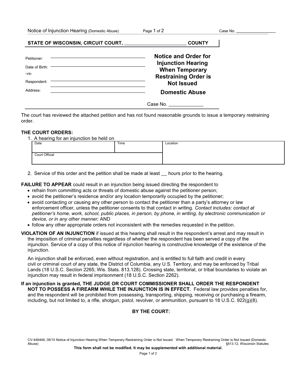 CV-446: Notice and Order for Injunction Hearing When Temporary Restraining Order Is Not