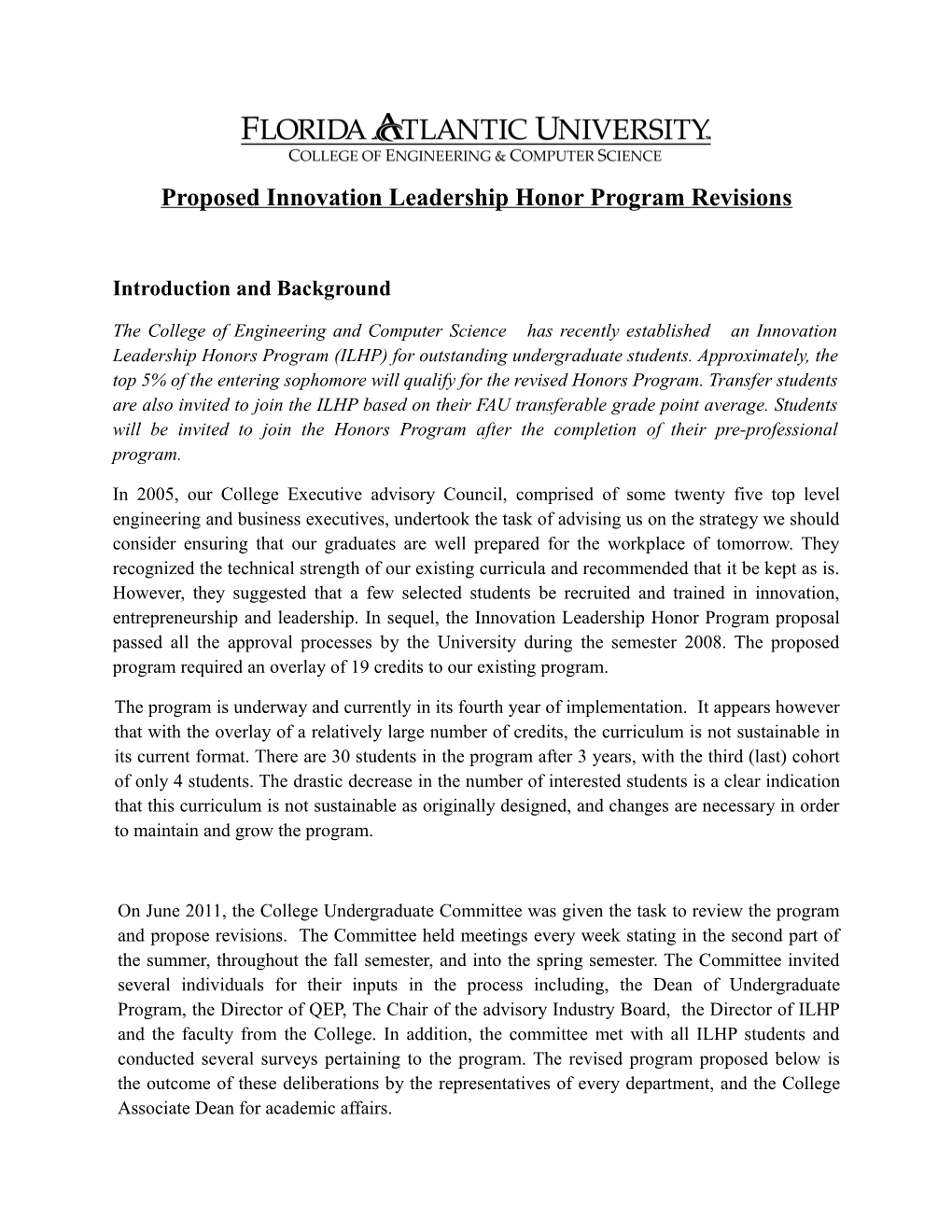 Proposed Innovation Leadership Honor Program Revisions