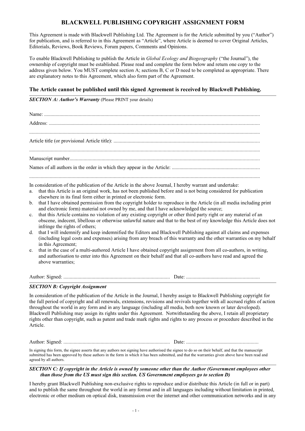 Blackwell Publishing Copyright Assignment Form