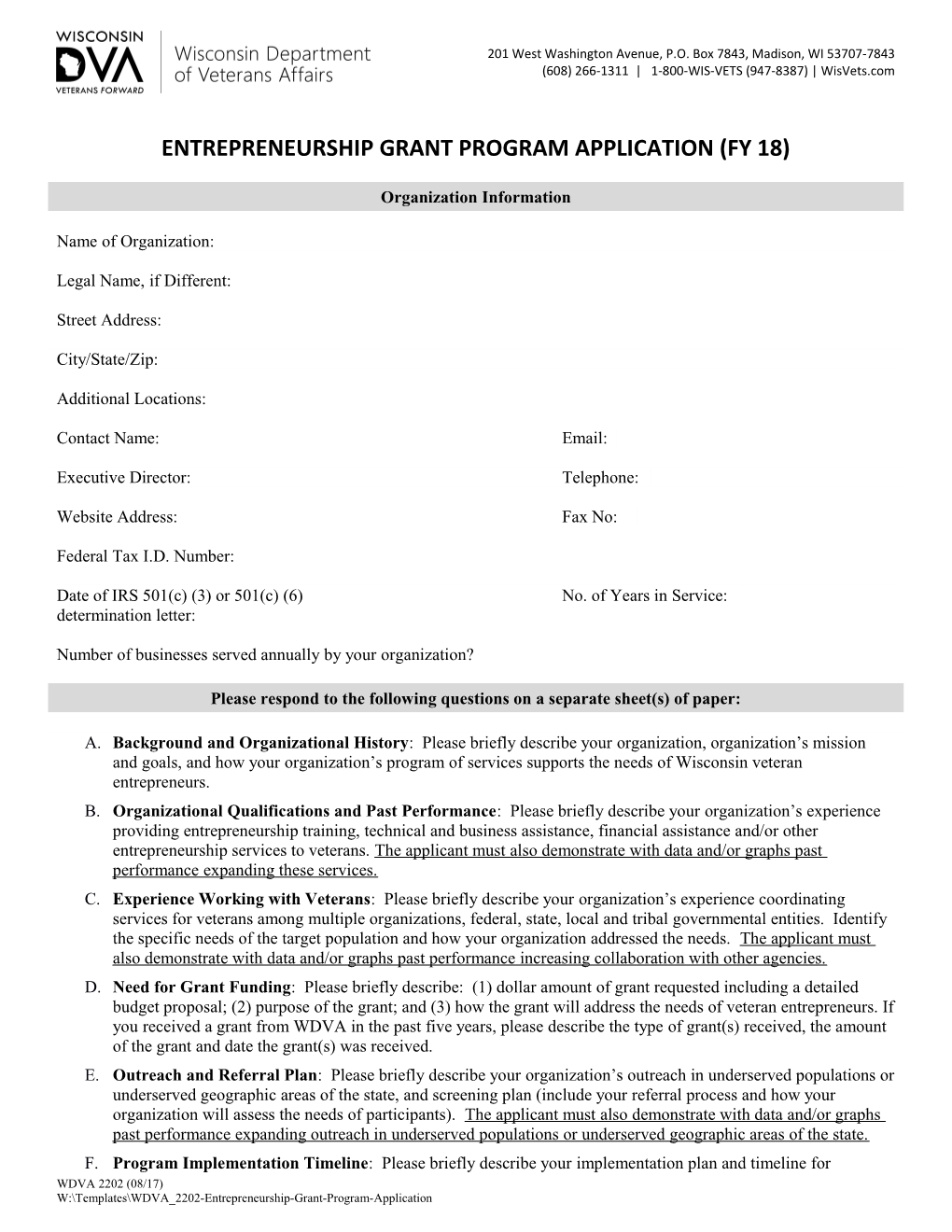WDVA 2202 Entrepreneurship Grant Program Application