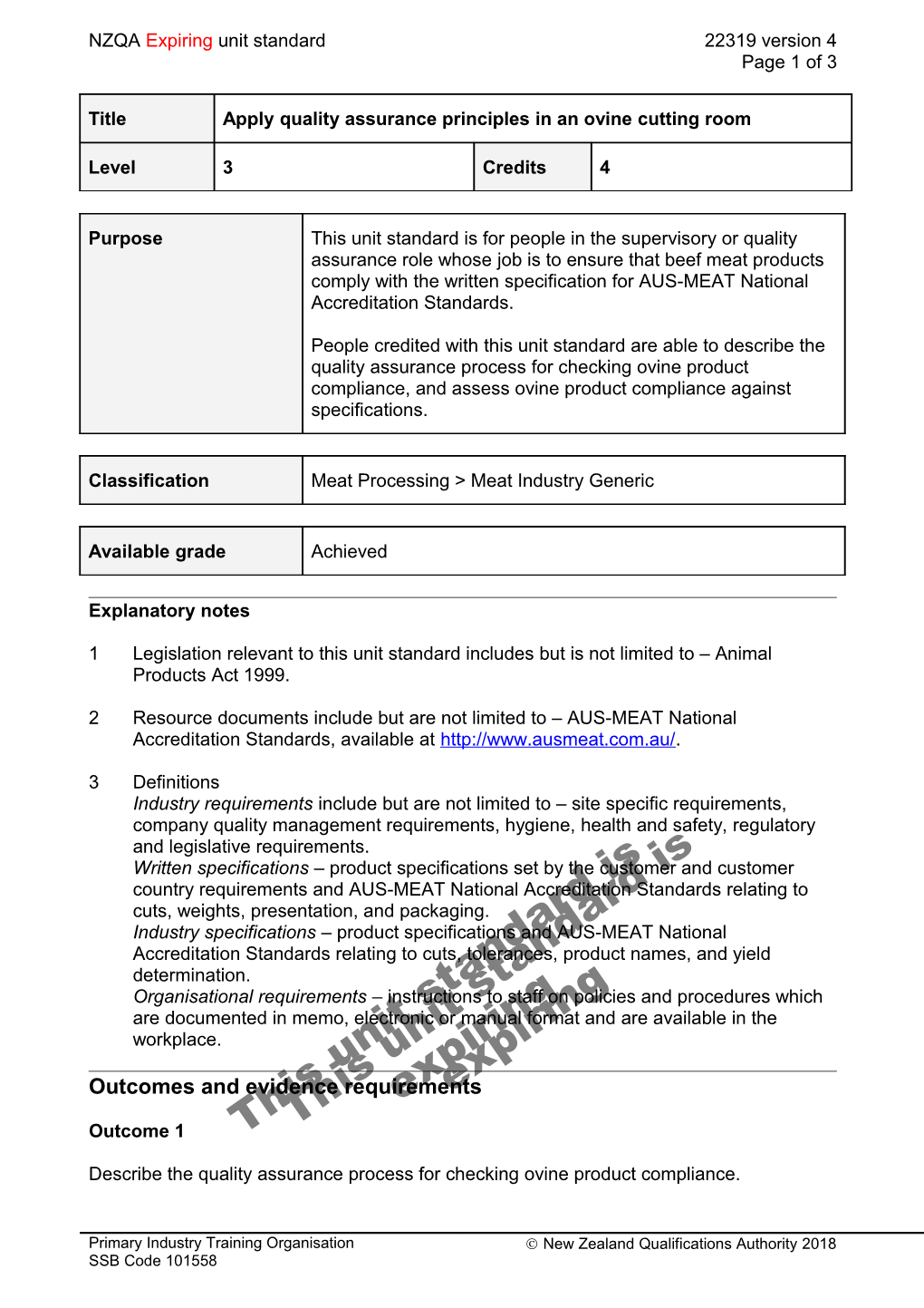 22319 Apply Quality Assurance Principles in an Ovine Cutting Room