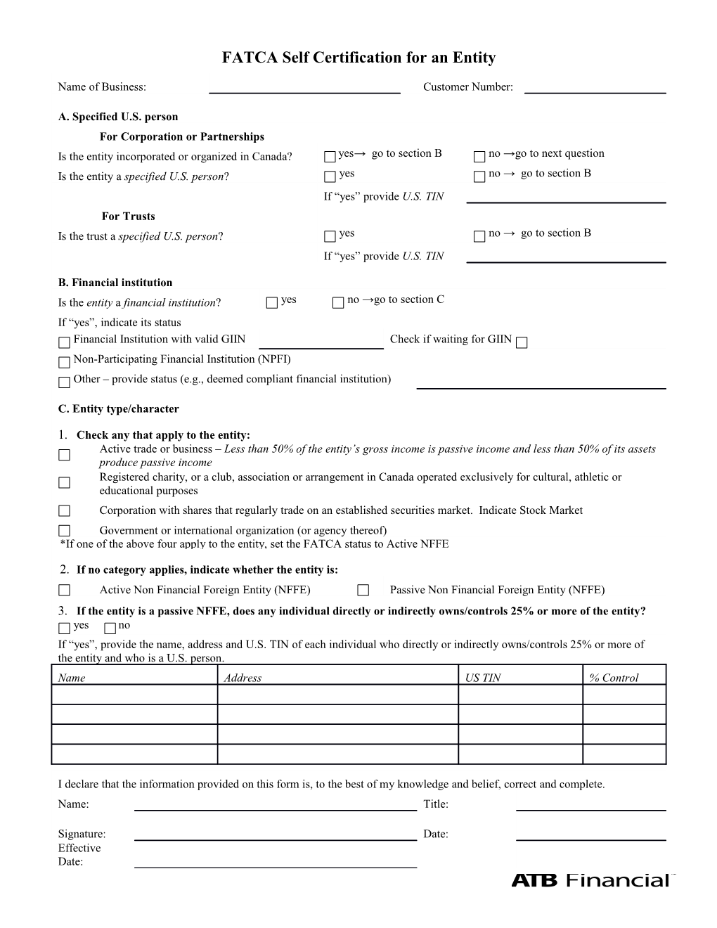 FATCA Self Certification for an Entity